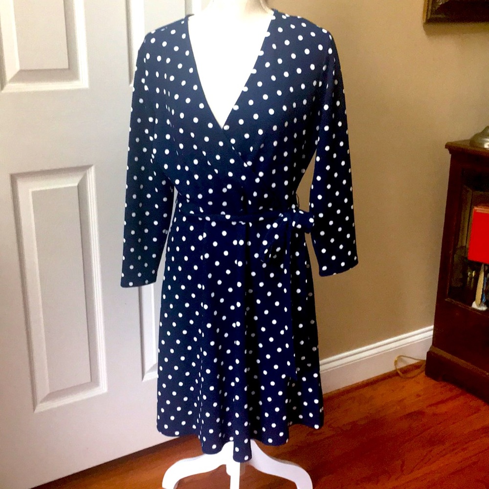 Navy blue & white polka dot faux wrap dress.
